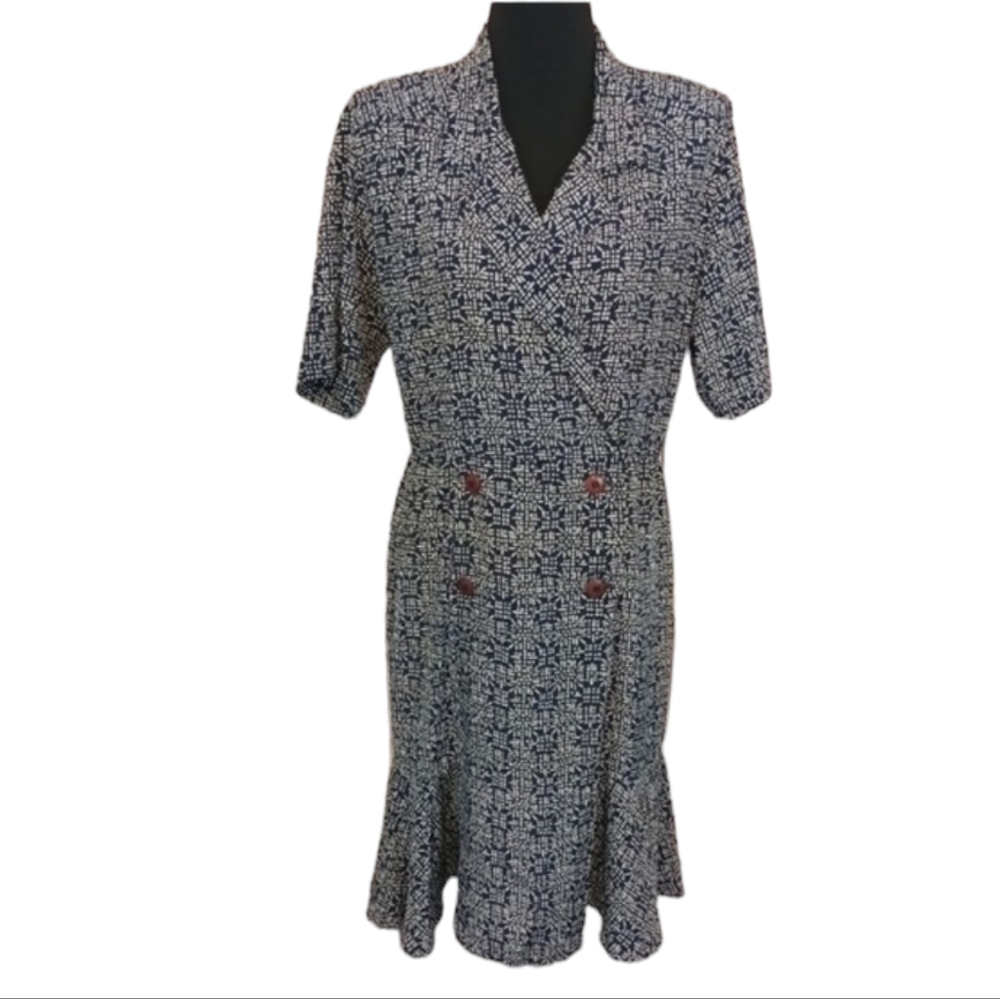 Vintage Liz Claiborne Womens Blue and White Abstract Midi Dress size 10